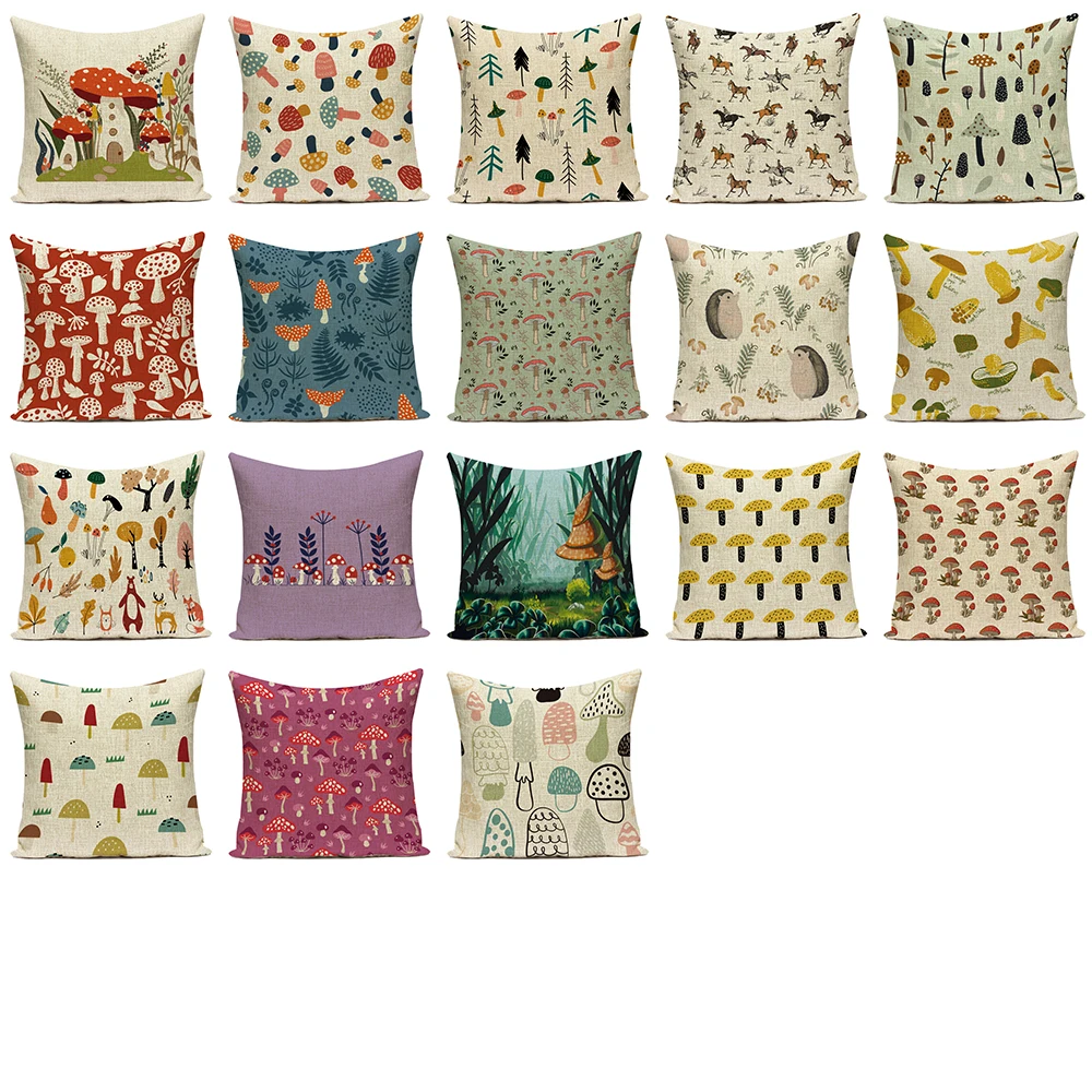 Cartoon Mushroom Pillow Cover Jungle Leaves Decorative Peach Skin Sofa Seat Throw Pillow Case Cushion Cover 45x45cm Cojines
