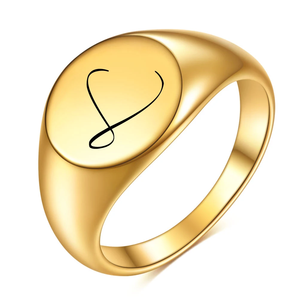 Customized Women Initial Letter Stamp Signet Ring Chunky Round Top Stainless Steel Bague Fashion Jewelry Wholesale