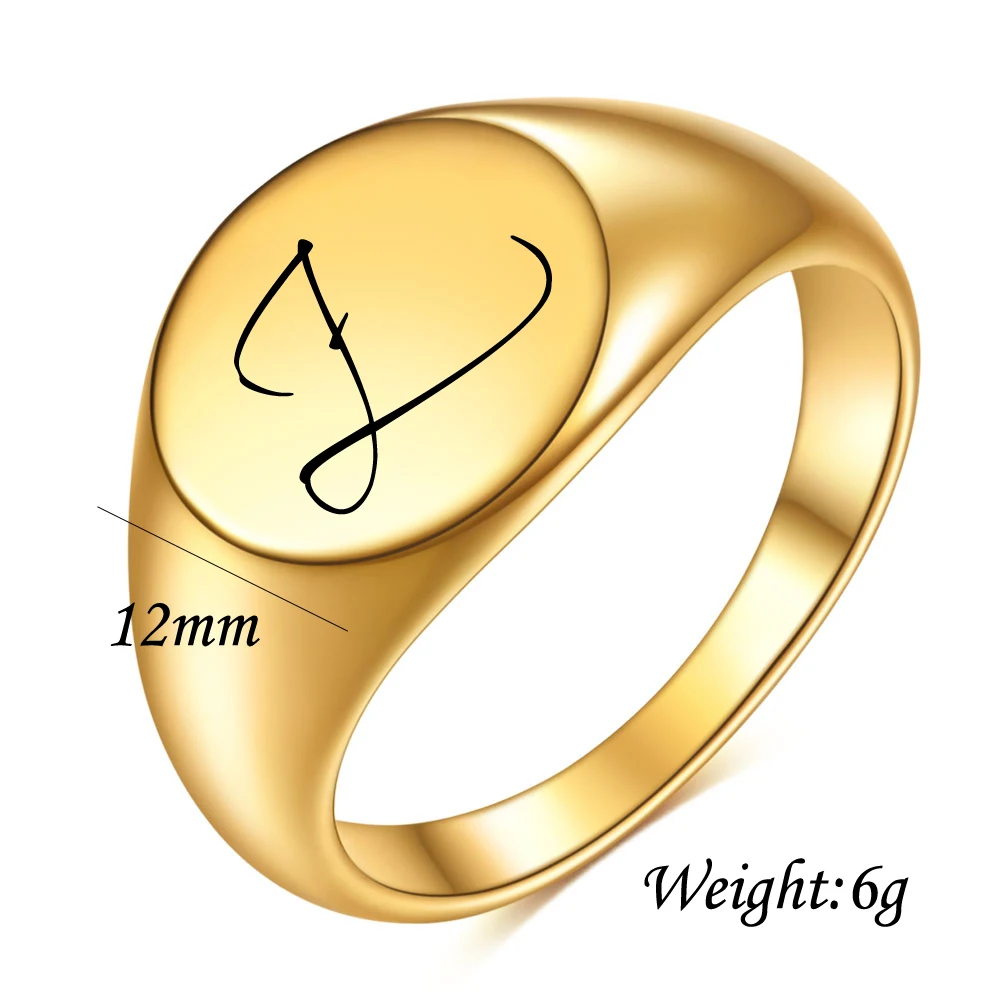 Customized Women Initial Letter Stamp Signet Ring Chunky Round Top Stainless Steel Bague Fashion Jewelry Wholesale