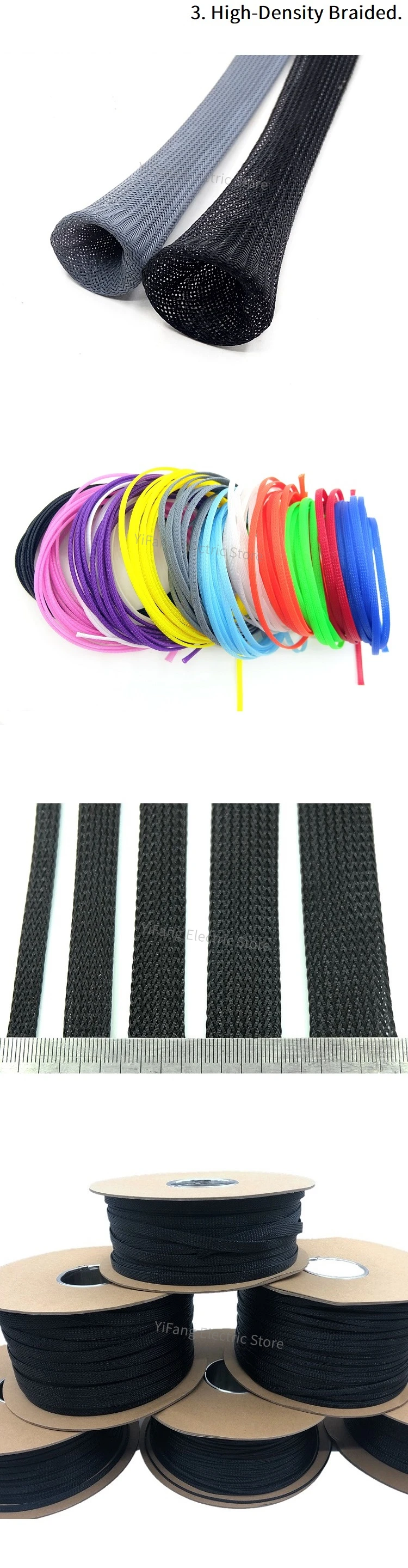 Insulated PET Braid Sleeving 3/4/6/8/10mm Tight 5/10/50M High Density Wire Wrap Sheath Protection Black Red Cable sleeve