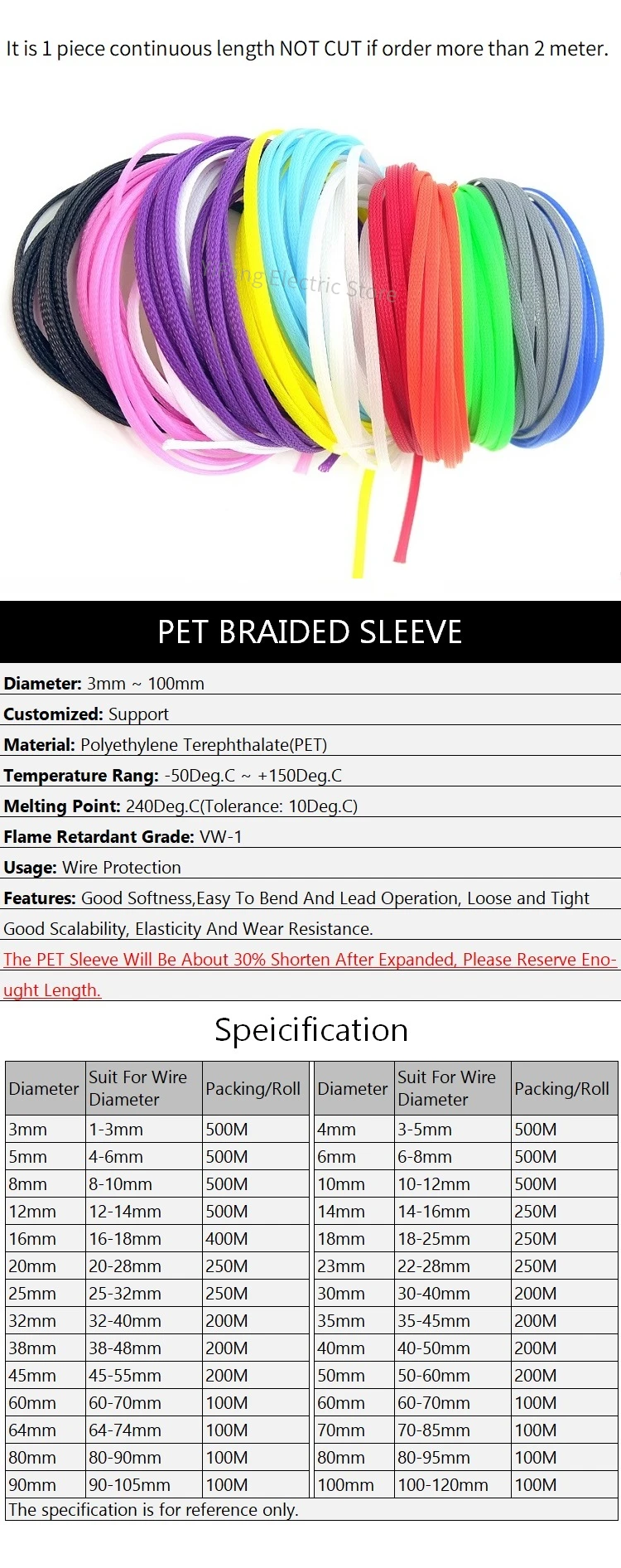 Insulated PET Braid Sleeving 3/4/6/8/10mm Tight 5/10/50M High Density Wire Wrap Sheath Protection Black Red Cable sleeve