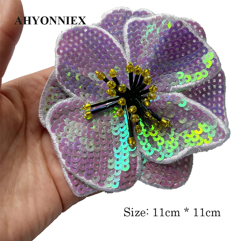 AHYONNIEX 1 Piece Large Sequins Flowers Patches Fashion Embroidered Applique for Clothing Sew On Patch for Clothes