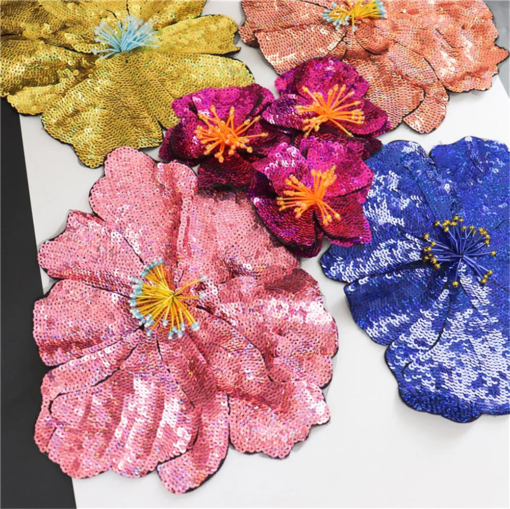 AHYONNIEX 1 Piece Large Sequins Flowers Patches Fashion Embroidered Applique for Clothing Sew On Patch for Clothes