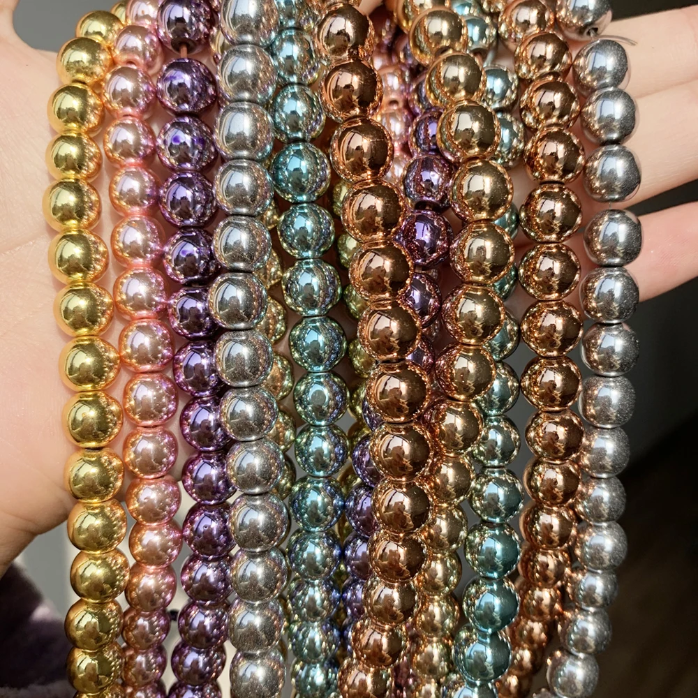 Natural Stone Gold Silver Color Hematite Round Loose Beads For Jewelry Making DIY Bracelet Accessories 15'' 2/3/4/6/8/10/12mm