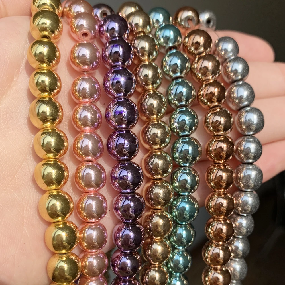 Natural Stone Gold Silver Color Hematite Round Loose Beads For Jewelry Making DIY Bracelet Accessories 15'' 2/3/4/6/8/10/12mm