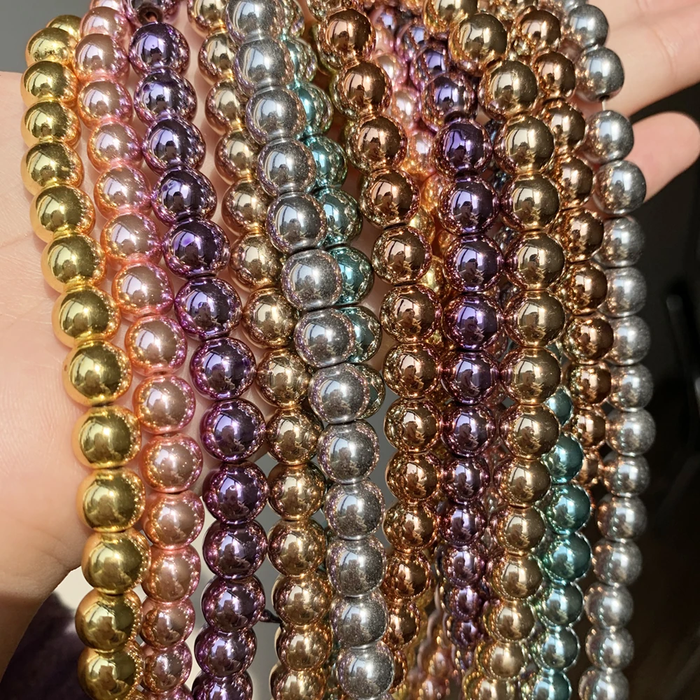 Natural Stone Gold Silver Color Hematite Round Loose Beads For Jewelry Making DIY Bracelet Accessories 15'' 2/3/4/6/8/10/12mm