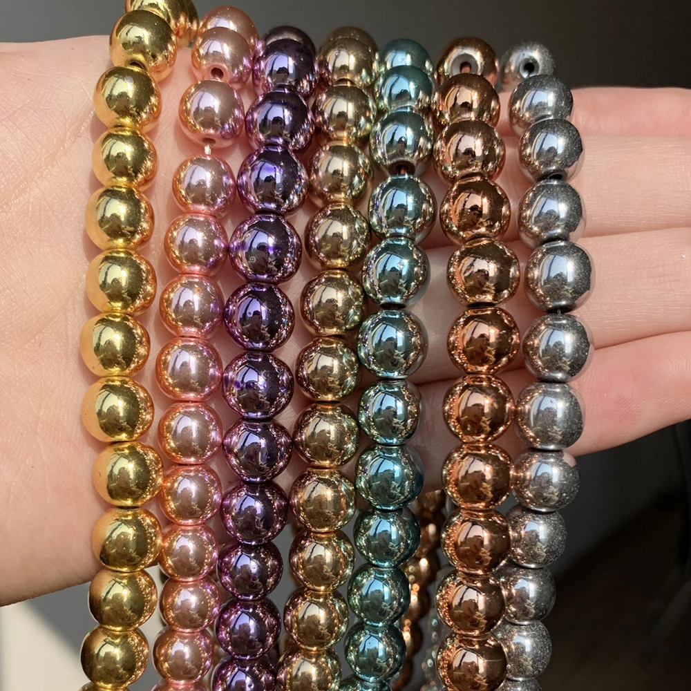 Natural Stone Gold Silver Color Hematite Round Loose Beads For Jewelry Making DIY Bracelet Accessories 15'' 2/3/4/6/8/10/12mm