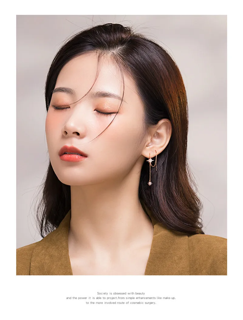 CIAXY Silver Color Inlaid Zircon Star Earrings for Women Temperament Aesthetic Long Tassel Ear Line Earring Luxury Jewelry Gift