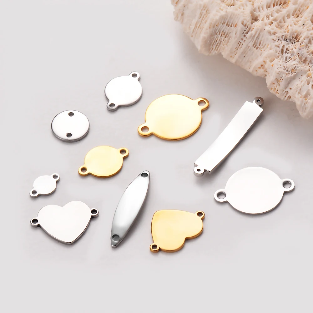 50Pcs/Lot Custom Engrave Logo Charms Stainless Steel Blank Stamping Tags With 2 Holes Connector DIY For Jewelry Making Wholsale