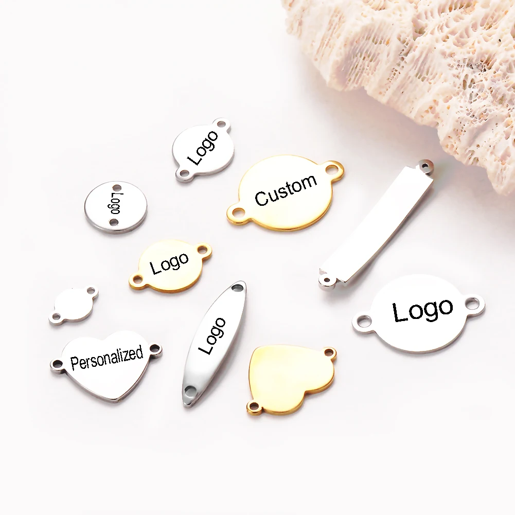 50Pcs/Lot Custom Engrave Logo Charms Stainless Steel Blank Stamping Tags With 2 Holes Connector DIY For Jewelry Making Wholsale