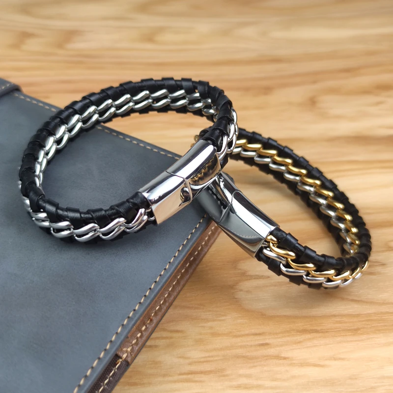 Genuine Leather Chain Bracelet for Men Magnetic Stainless Steel Clasp in Plated Gold Exclusive Jewellery Gift Wholesale Choice