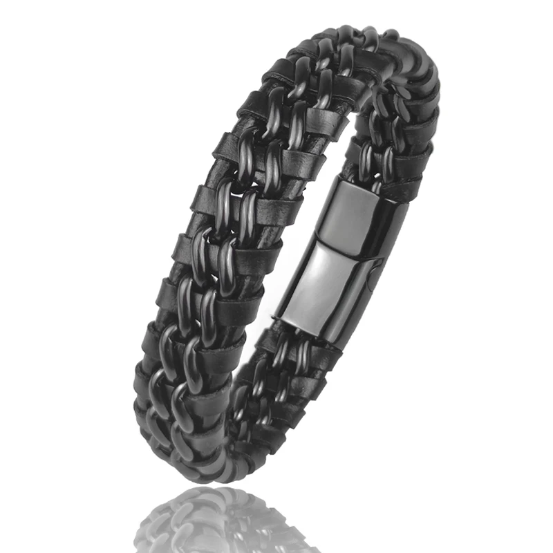 Genuine Leather Chain Bracelet for Men Magnetic Stainless Steel Clasp in Plated Gold Exclusive Jewellery Gift Wholesale Choice