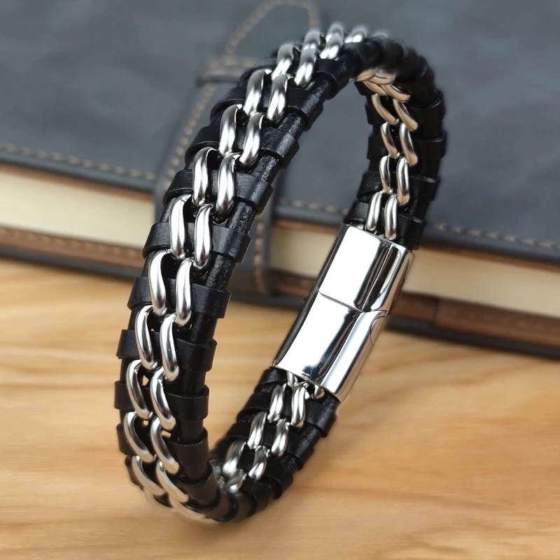 Genuine Leather Chain Bracelet for Men Magnetic Stainless Steel Clasp in Plated Gold Exclusive Jewellery Gift Wholesale Choice