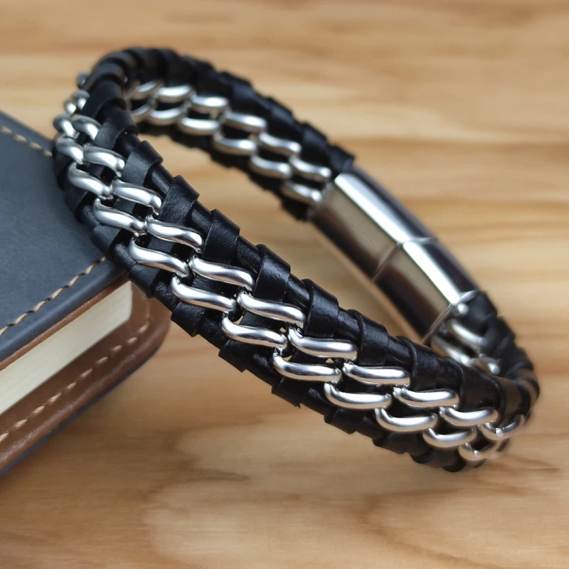 Genuine Leather Chain Bracelet for Men Magnetic Stainless Steel Clasp in Plated Gold Exclusive Jewellery Gift Wholesale Choice