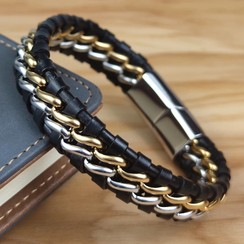 Genuine Leather Chain Bracelet for Men Magnetic Stainless Steel Clasp in Plated Gold Exclusive Jewellery Gift Wholesale Choice