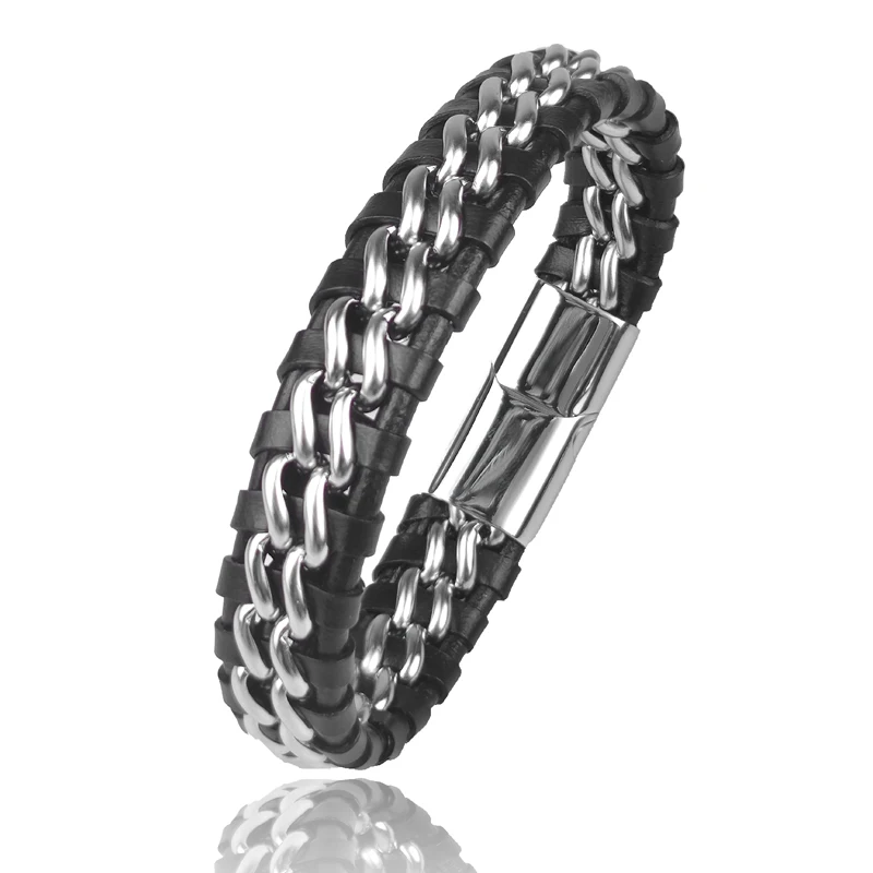 Genuine Leather Chain Bracelet for Men Magnetic Stainless Steel Clasp in Plated Gold Exclusive Jewellery Gift Wholesale Choice