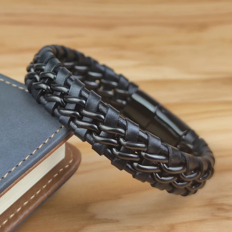 Genuine Leather Chain Bracelet for Men Magnetic Stainless Steel Clasp in Plated Gold Exclusive Jewellery Gift Wholesale Choice
