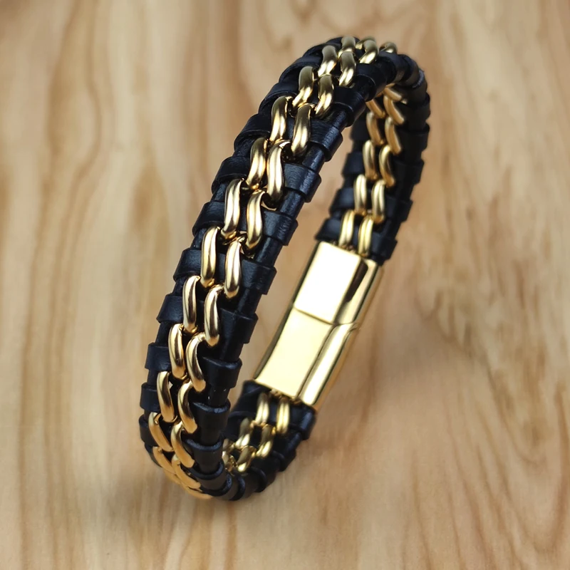 Genuine Leather Chain Bracelet for Men Magnetic Stainless Steel Clasp in Plated Gold Exclusive Jewellery Gift Wholesale Choice