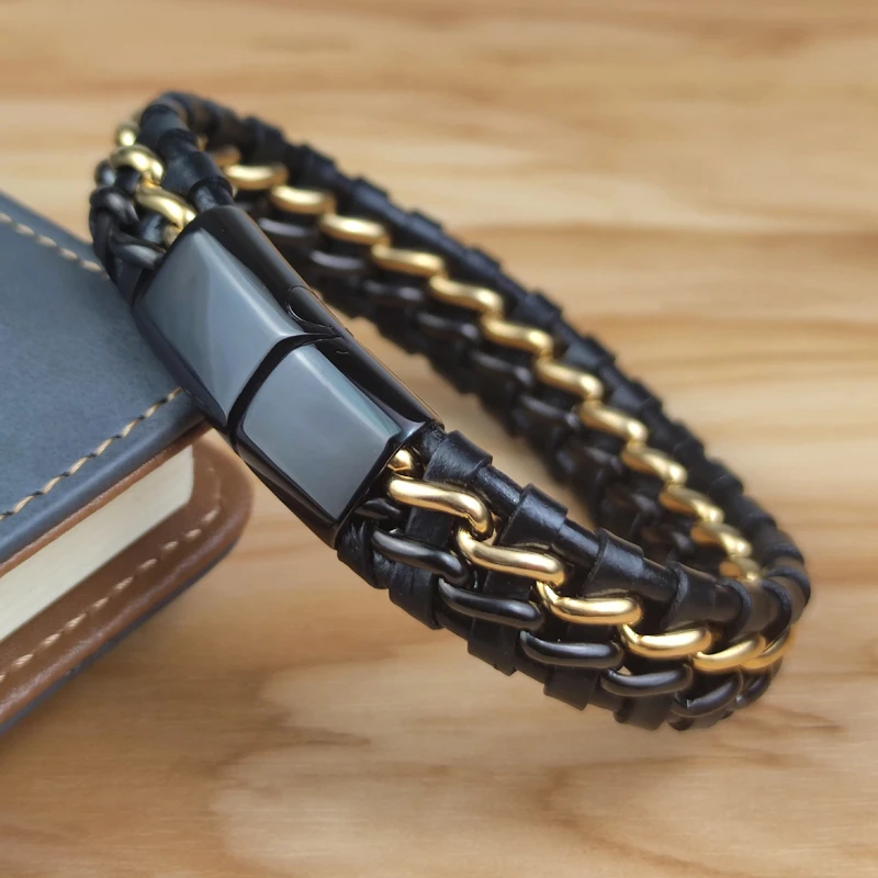 Genuine Leather Chain Bracelet for Men Magnetic Stainless Steel Clasp in Plated Gold Exclusive Jewellery Gift Wholesale Choice