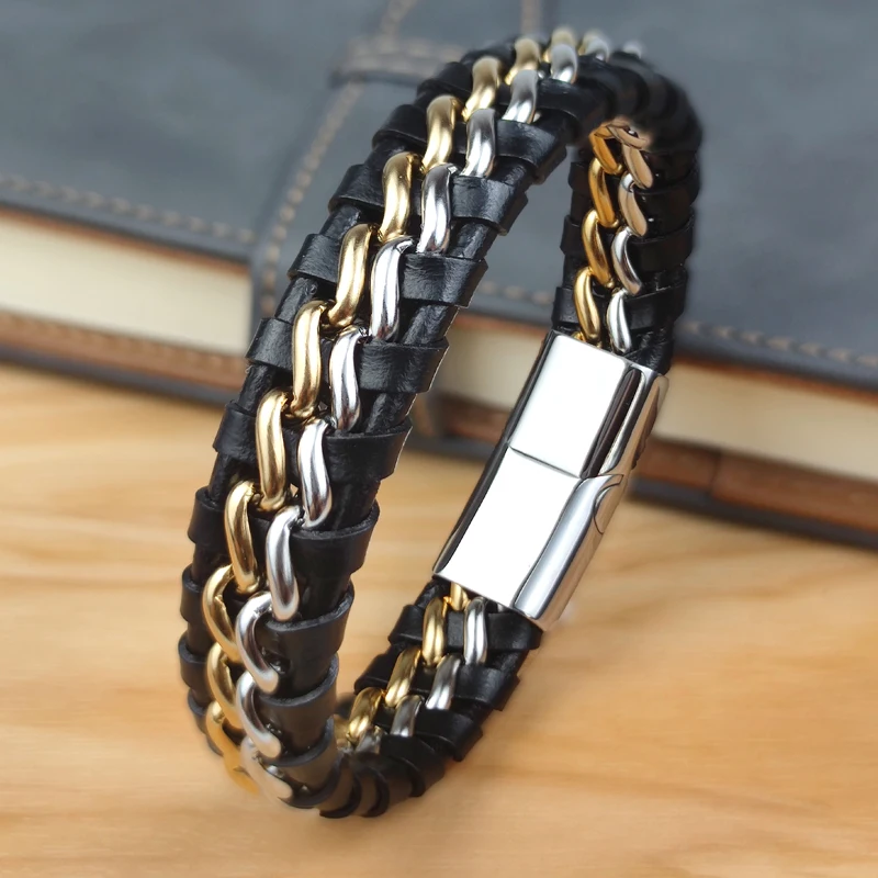 Genuine Leather Chain Bracelet for Men Magnetic Stainless Steel Clasp in Plated Gold Exclusive Jewellery Gift Wholesale Choice