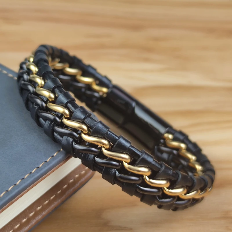 Genuine Leather Chain Bracelet for Men Magnetic Stainless Steel Clasp in Plated Gold Exclusive Jewellery Gift Wholesale Choice
