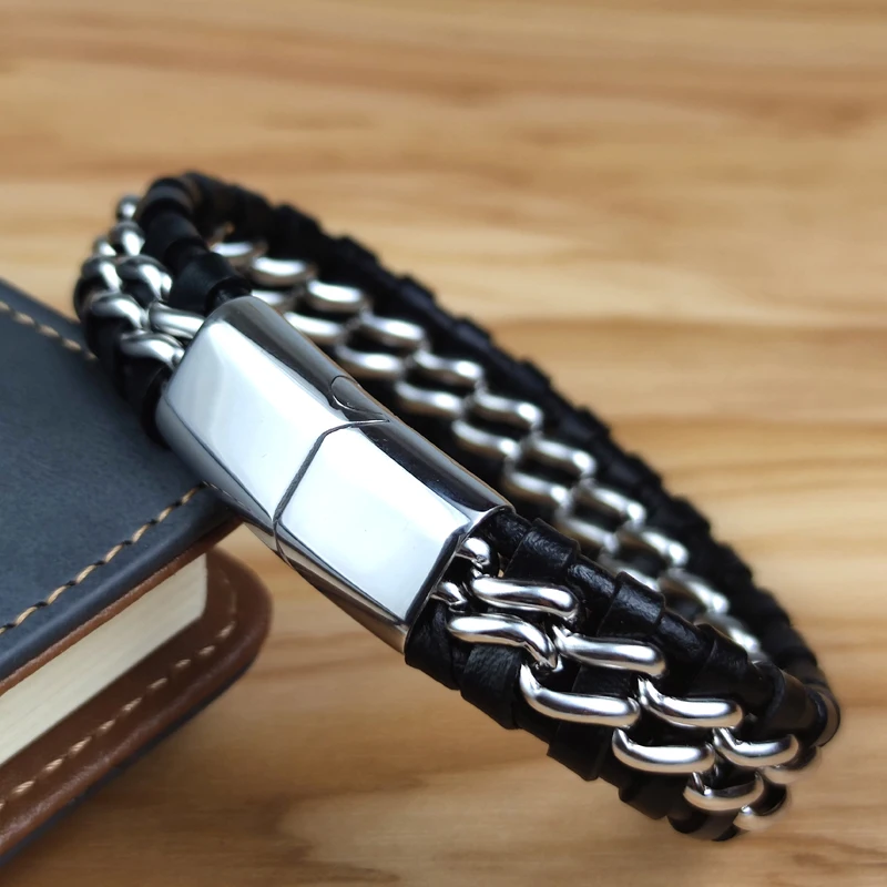 Genuine Leather Chain Bracelet for Men Magnetic Stainless Steel Clasp in Plated Gold Exclusive Jewellery Gift Wholesale Choice
