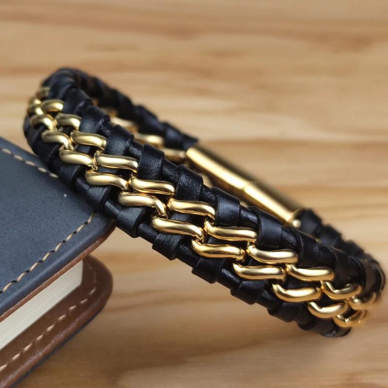 Genuine Leather Chain Bracelet for Men Magnetic Stainless Steel Clasp in Plated Gold Exclusive Jewellery Gift Wholesale Choice