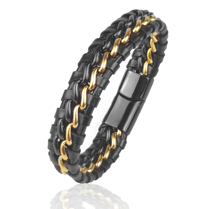 Genuine Leather Chain Bracelet for Men Magnetic Stainless Steel Clasp in Plated Gold Exclusive Jewellery Gift Wholesale Choice