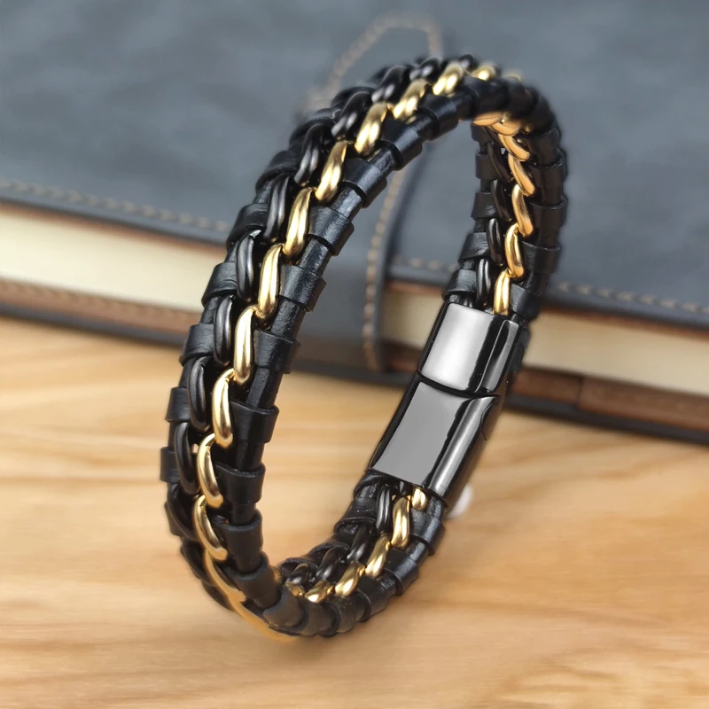 Genuine Leather Chain Bracelet for Men Magnetic Stainless Steel Clasp in Plated Gold Exclusive Jewellery Gift Wholesale Choice