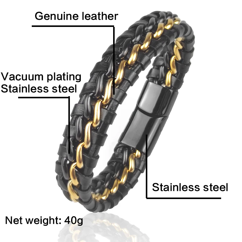Genuine Leather Chain Bracelet for Men Magnetic Stainless Steel Clasp in Plated Gold Exclusive Jewellery Gift Wholesale Choice
