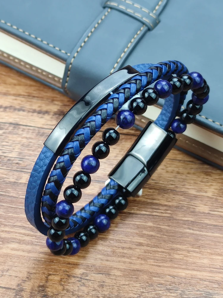 2021 Blue Stone Bracelet Genuine Blue Leather Braided Bracelet Stainless Steel Magnetic Clasp Tiger Eye Bead Bangles Men Jewelry