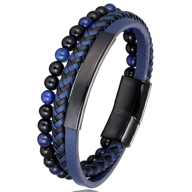 2021 Blue Stone Bracelet Genuine Blue Leather Braided Bracelet Stainless Steel Magnetic Clasp Tiger Eye Bead Bangles Men Jewelry