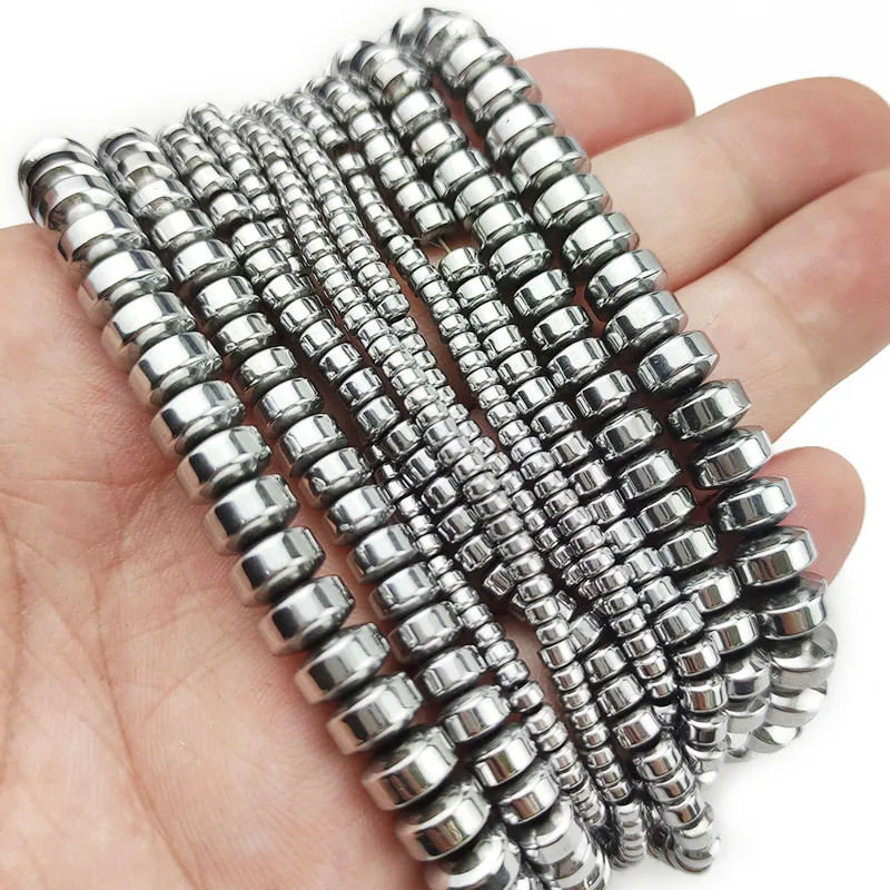 Natural Stone Flat Cylinder Hematite Silver Color Spacer 3/4/6/8MM Charm Loose Beads For Jewelry Making DIY Bracelet Findings