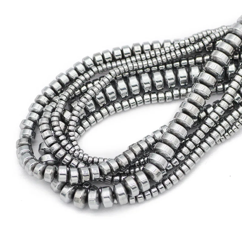 Natural Stone Flat Cylinder Hematite Silver Color Spacer 3/4/6/8MM Charm Loose Beads For Jewelry Making DIY Bracelet Findings