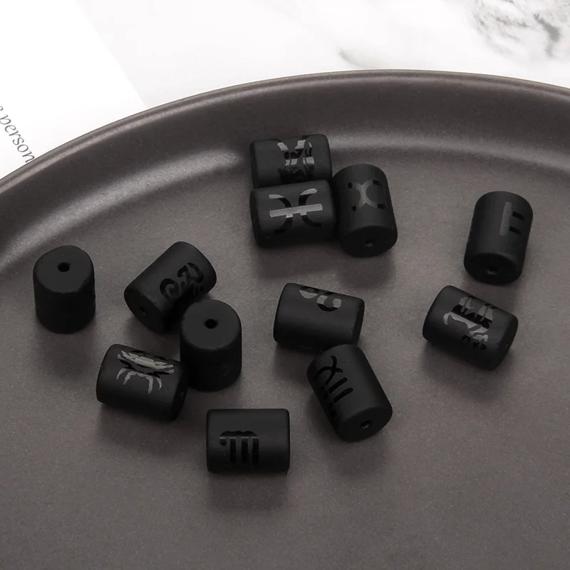 12 Zodiac Beads Charms Matte Black Onyx Constellation Beads Cylinder Pendant For DIY Making Jewelry Findings Bracelets Neckalces