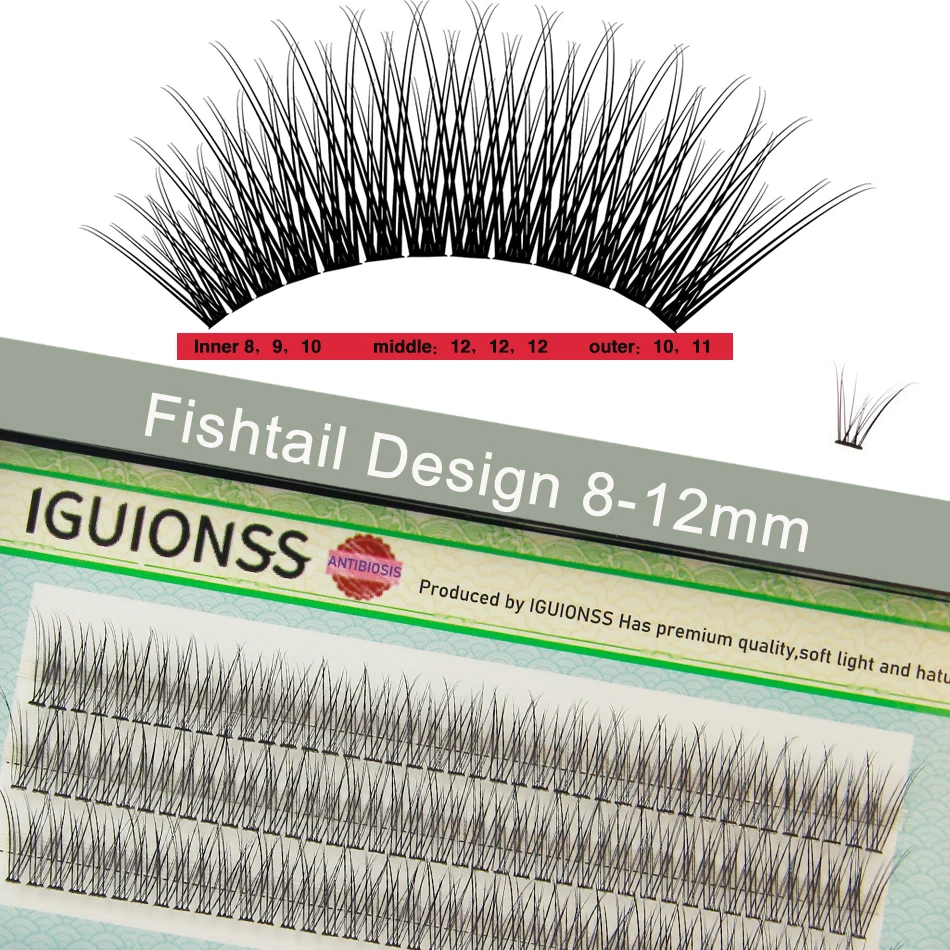 IGUIONSS 3 Rows 123 Bundles Natural Fan Eyelashes Single Cluster Self-Grafting Fishtail Mink Eyelash Long Lasting Natural C Curl