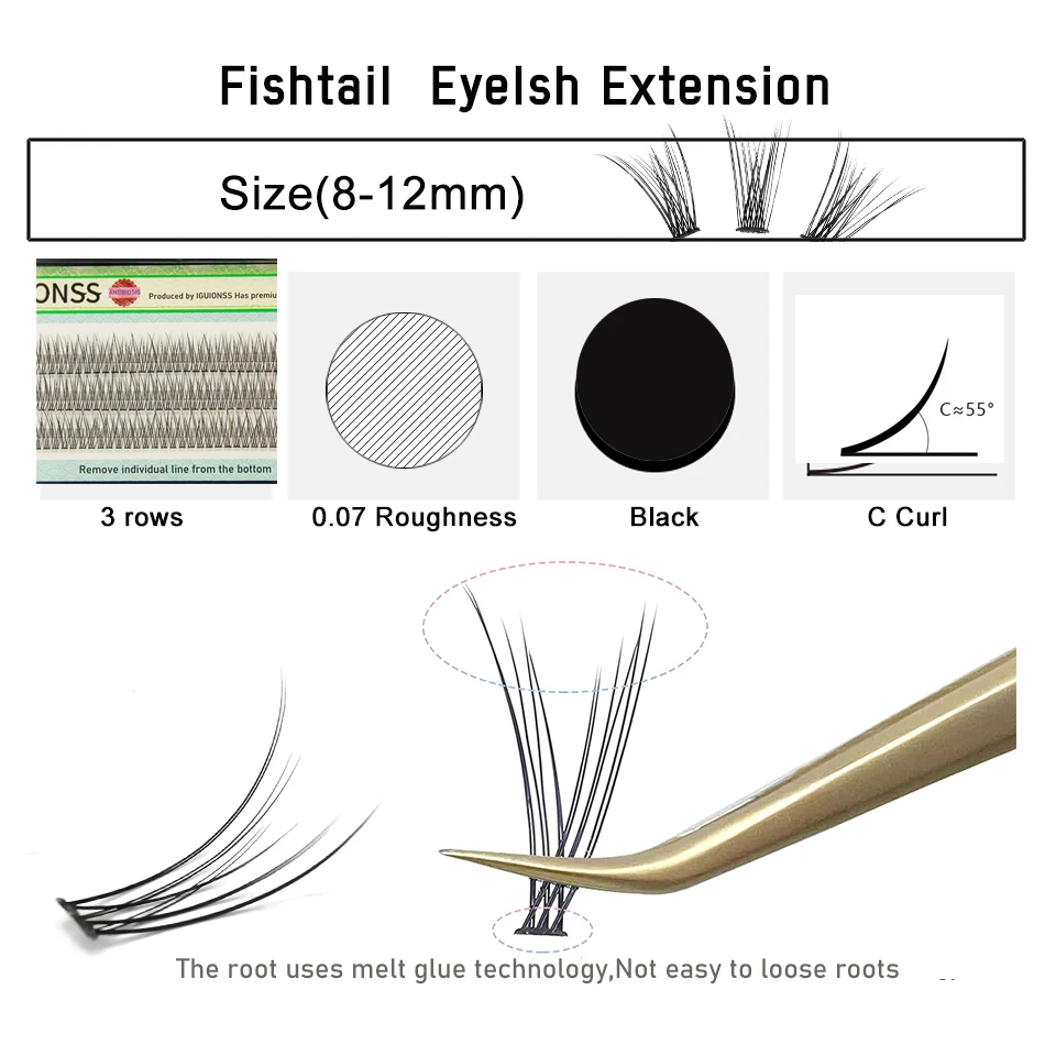 IGUIONSS 3 Rows 123 Bundles Natural Fan Eyelashes Single Cluster Self-Grafting Fishtail Mink Eyelash Long Lasting Natural C Curl