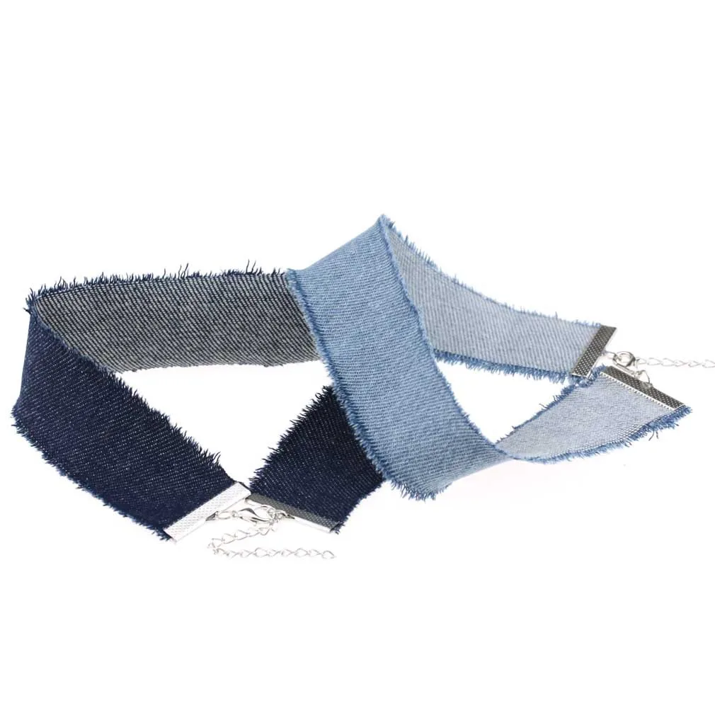 Unisex Punk Wide Denim Chokers Necklaces for Women Men Simple Gothic Collar Necklaces Black Blue Fashion Jewelry Wholesale Gift