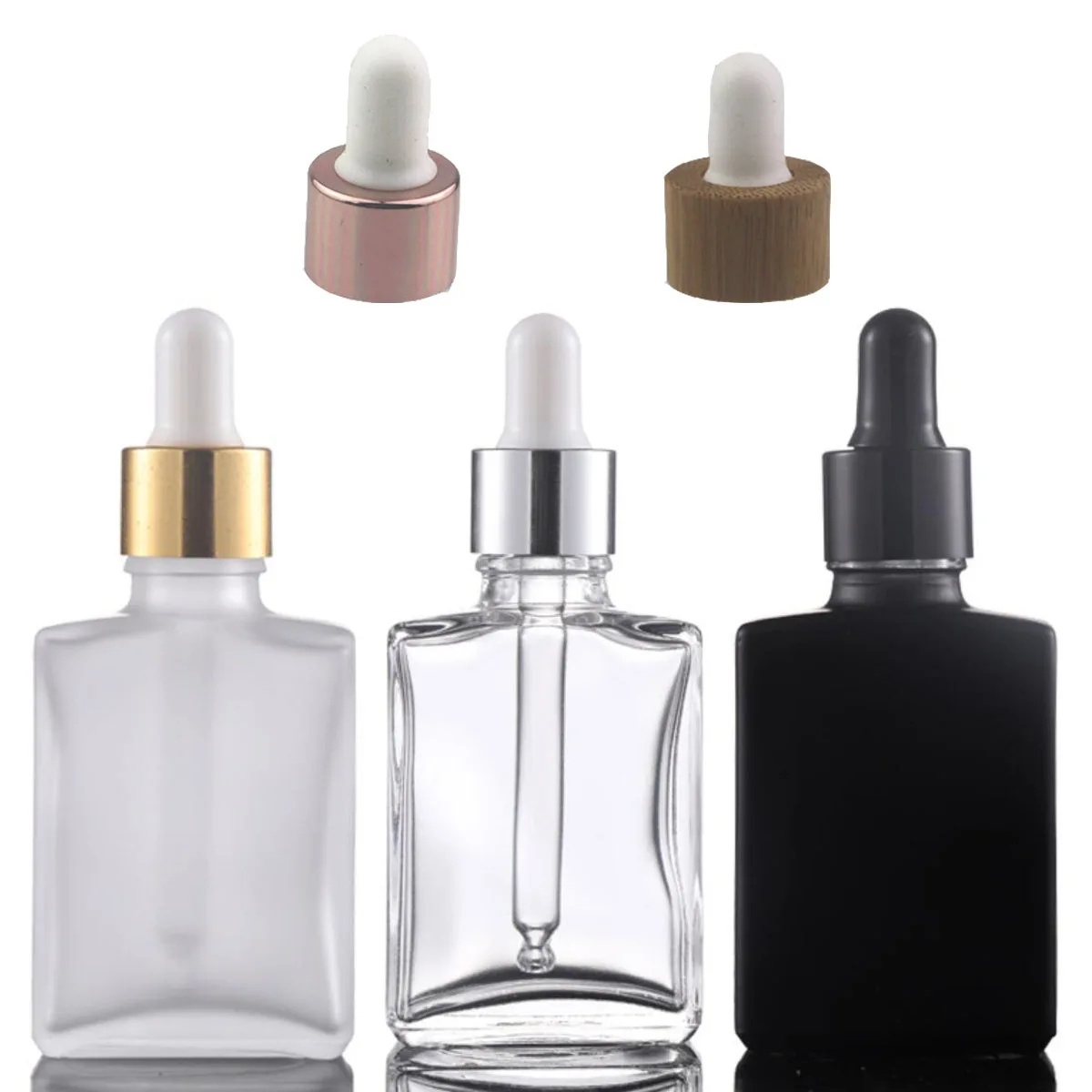 1x 3x 30ml 50ml 100ML Flat Square Glass Dropper Bottle Transparent Glass Bottle Bamboo Cap, Golden Cap, Rose Gold Cap, Black Cap