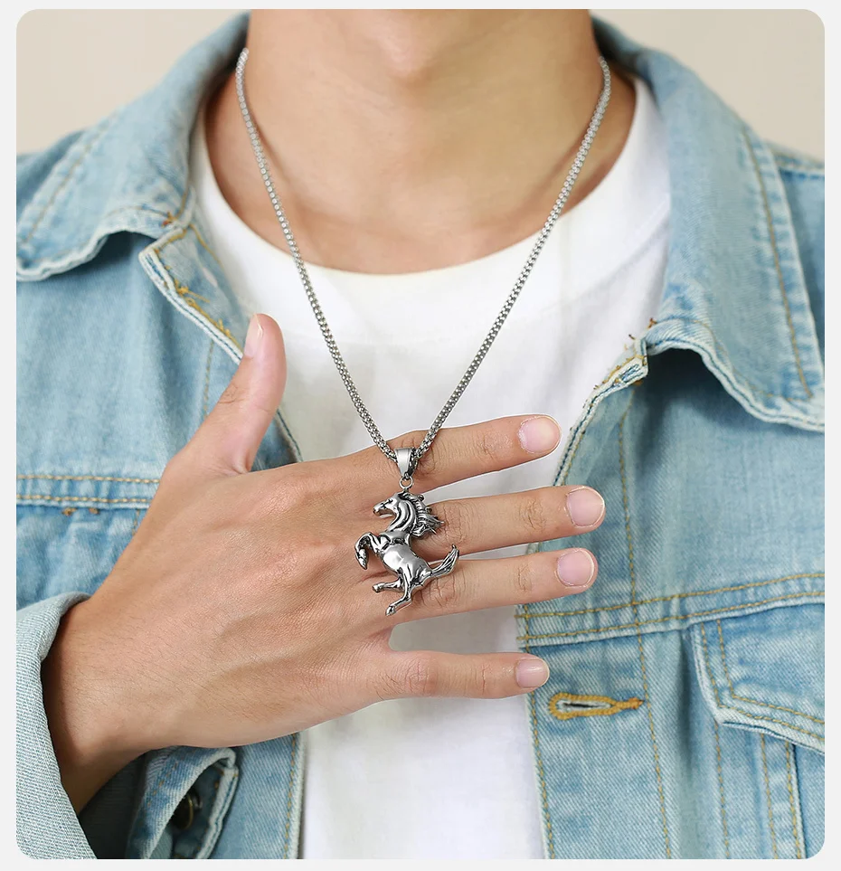 Vnox Men Horse Necklace, Rock Punk Stainless Steel Racehorse Pendant, Statement Male Lucky Collar Jewelry