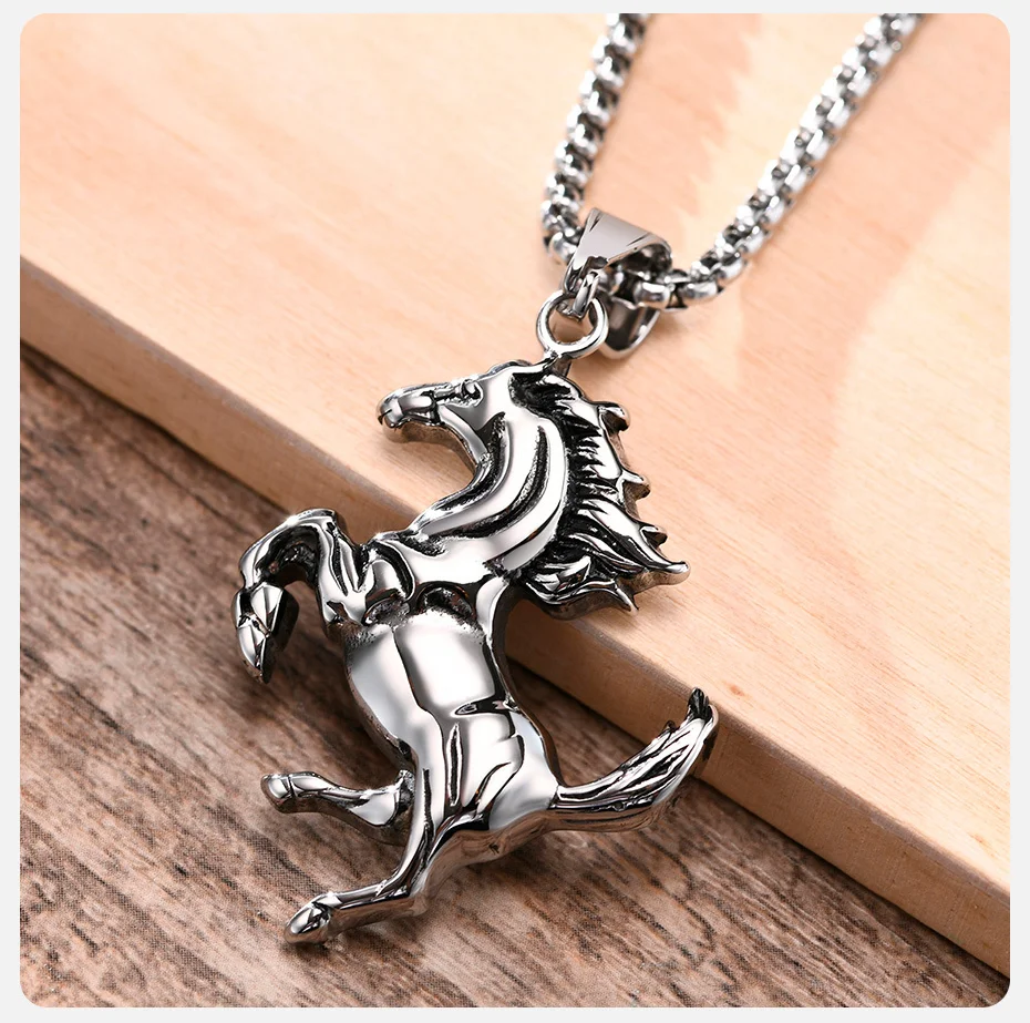Vnox Men Horse Necklace, Rock Punk Stainless Steel Racehorse Pendant, Statement Male Lucky Collar Jewelry