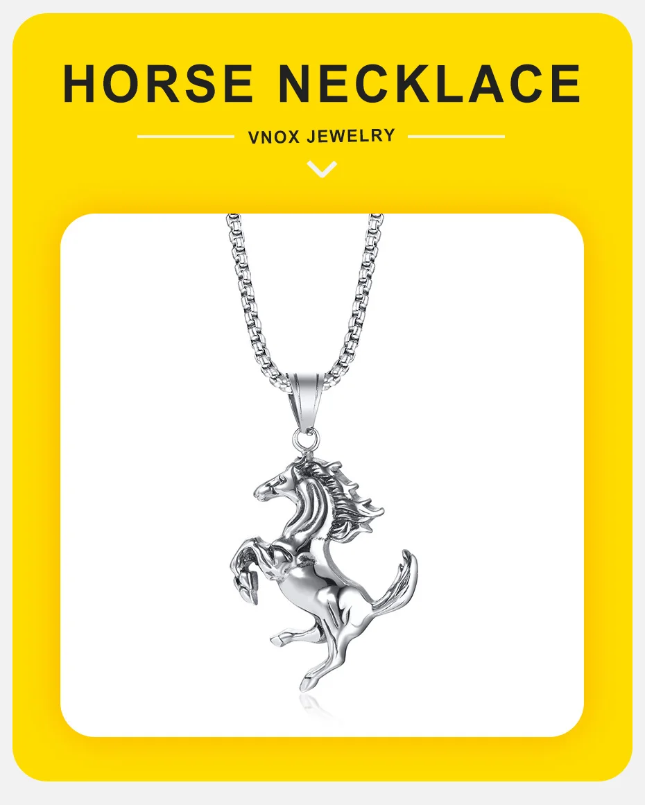 Vnox Men Horse Necklace, Rock Punk Stainless Steel Racehorse Pendant, Statement Male Lucky Collar Jewelry