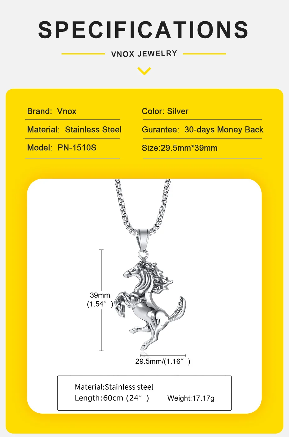 Vnox Men Horse Necklace, Rock Punk Stainless Steel Racehorse Pendant, Statement Male Lucky Collar Jewelry