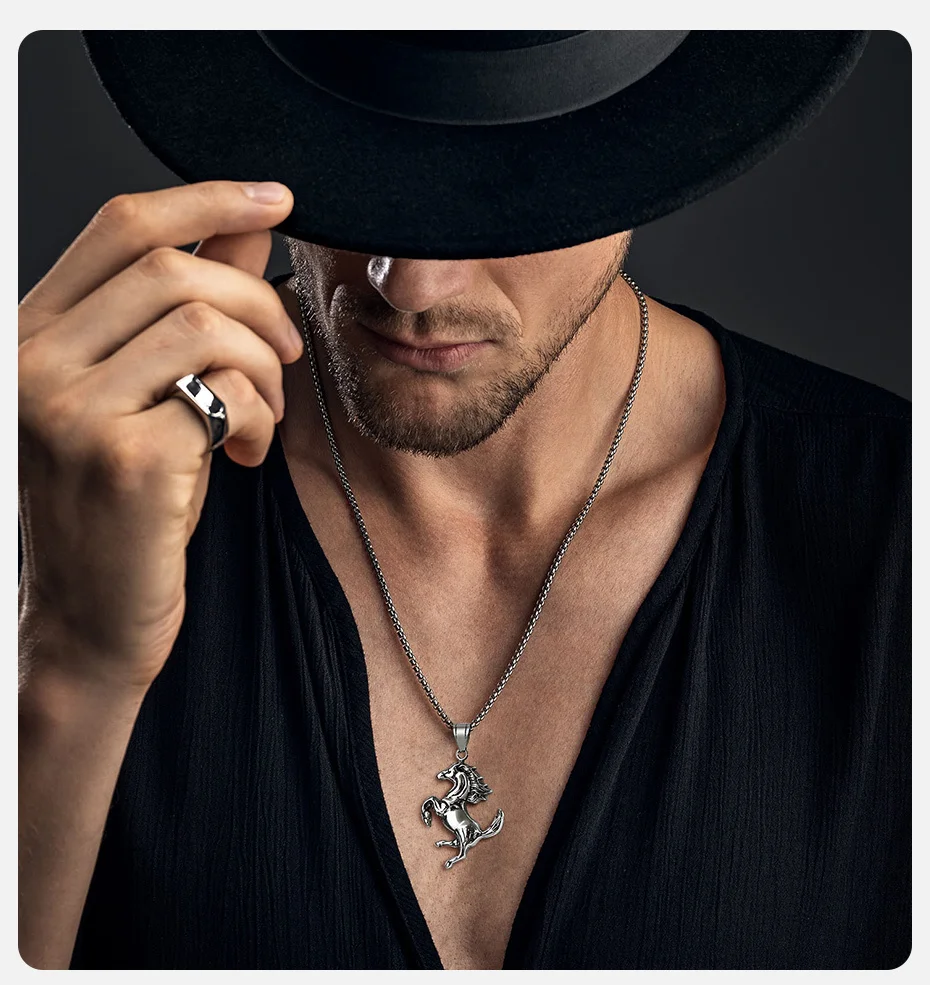Vnox Men Horse Necklace, Rock Punk Stainless Steel Racehorse Pendant, Statement Male Lucky Collar Jewelry