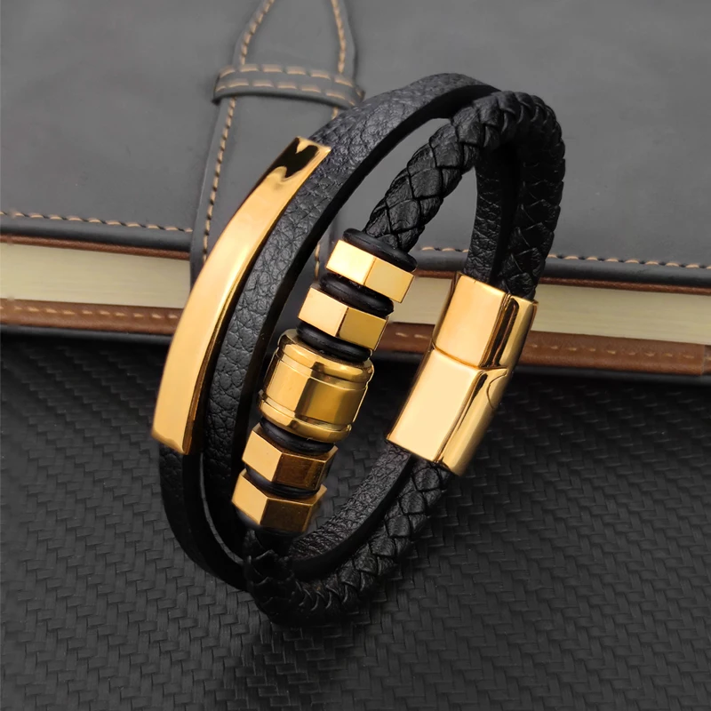 High Quality Luxury Accessories Bracelet Men's Fashion Gift Black Genuine Leather Bracelets DIY Combination Wild Handsome Gift