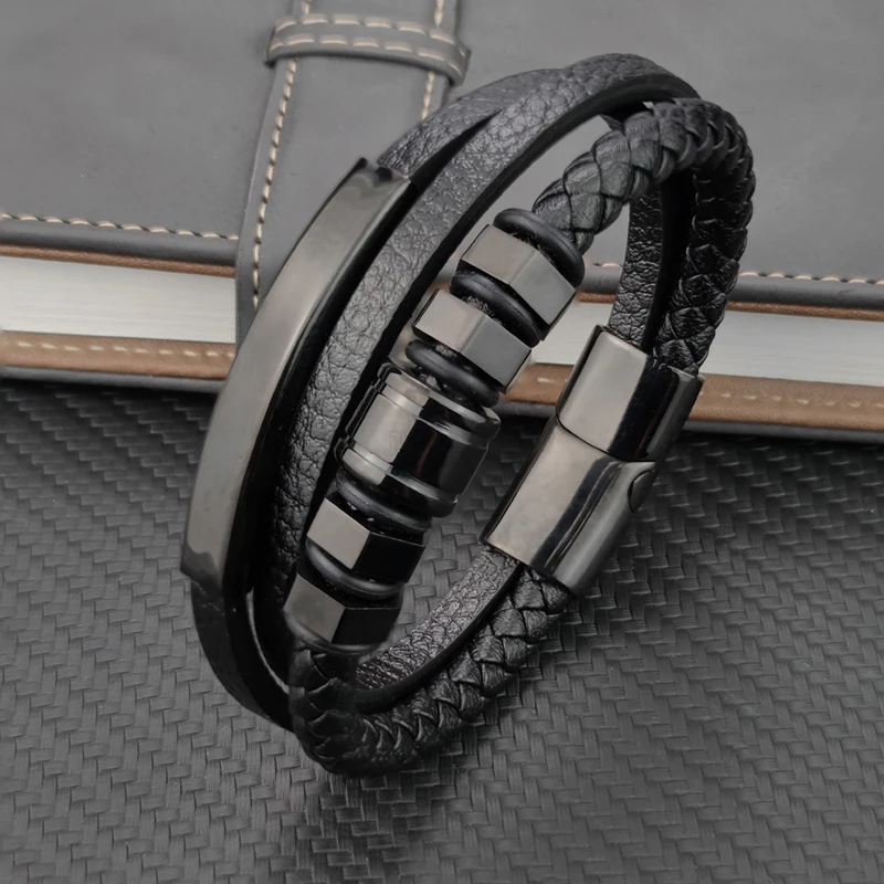 High Quality Luxury Accessories Bracelet Men's Fashion Gift Black Genuine Leather Bracelets DIY Combination Wild Handsome Gift