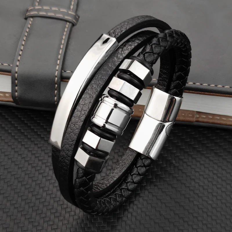 High Quality Luxury Accessories Bracelet Men's Fashion Gift Black Genuine Leather Bracelets DIY Combination Wild Handsome Gift