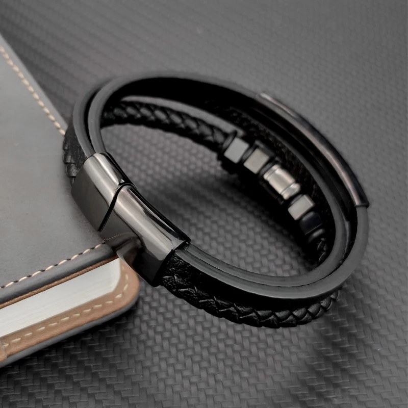 High Quality Luxury Accessories Bracelet Men's Fashion Gift Black Genuine Leather Bracelets DIY Combination Wild Handsome Gift