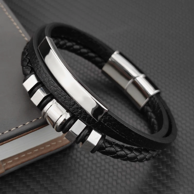 High Quality Luxury Accessories Bracelet Men's Fashion Gift Black Genuine Leather Bracelets DIY Combination Wild Handsome Gift