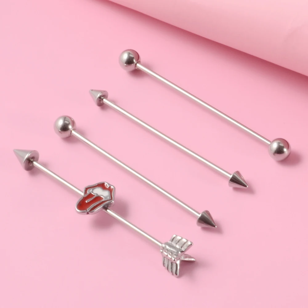 1PC Surgical Steel Red Tongue Industrial Barbell Ring Ear Straight Barbell Ring Body Piercing Jewelry Oreja Ring 1 1/2 Inch 38mm